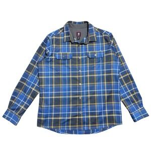Swiss‎ Tech Shirt Mens Large Blue Canoe Plaid Long Sleeve Snap Front Stretch